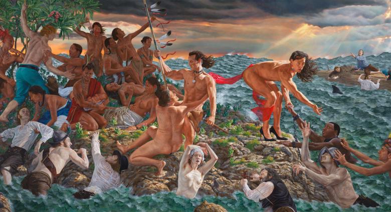 Kent Monkman large-scale painting of Native Americans on the shore