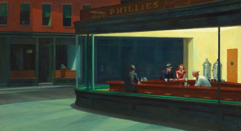Edward Hopper's Nighthawks painting shows diners at a counter late at night