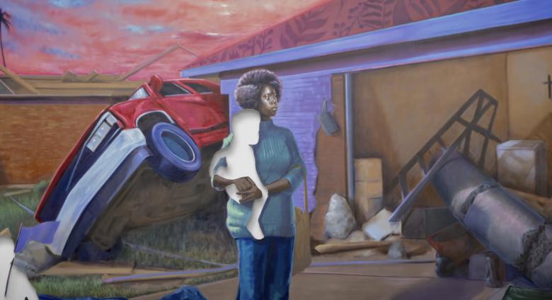 detail painting woman holds missing child