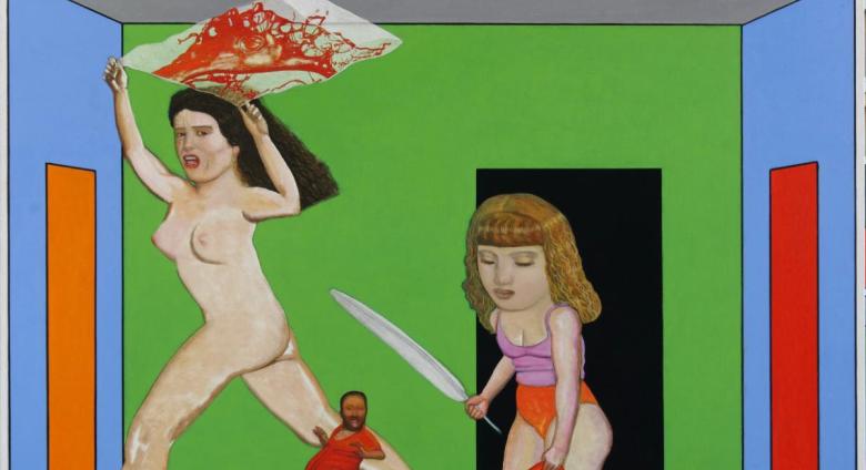 Pat Andrea painting of a two women in a brightly colored room, one holds a knife the other is nude