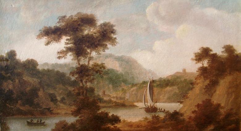 Thomas Jones landscape painting of a sailboat on the river wye
