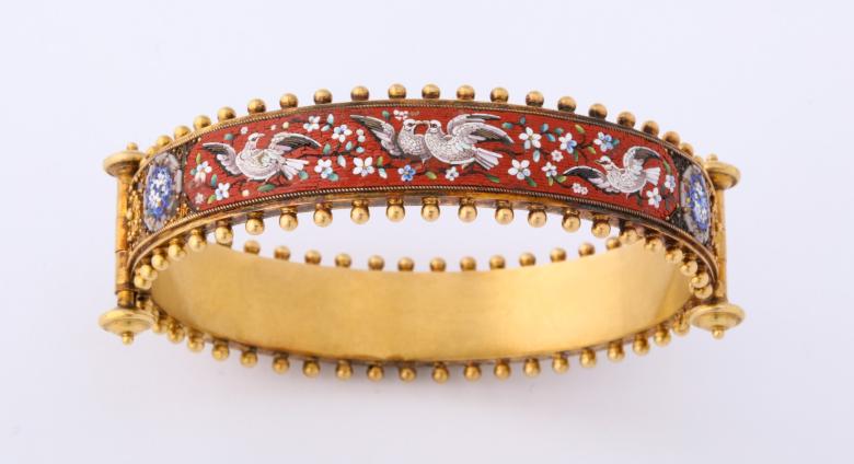 Victorian Period Bracelet, England circa 1870. 18kt Gold & Micro Mosaic. Offered by James Robinson.