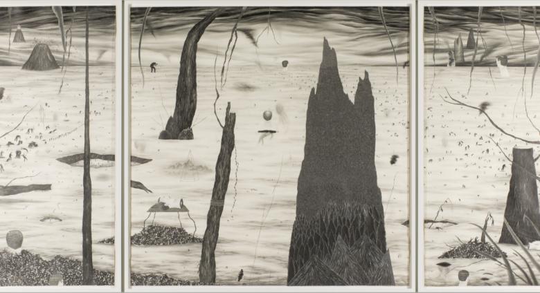 Robyn O’Neil black and white drawing of an alien landscape