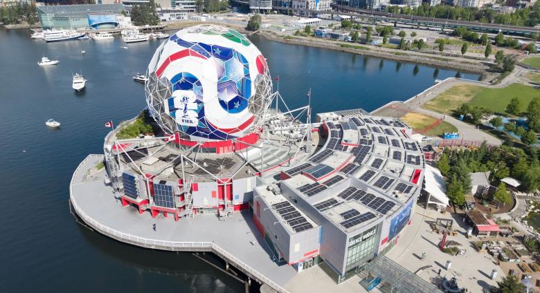 Science World in Vancouver, British Columbia, during its conversion into “The Beautiful Dome”, a temporary structure designed as the adidas Trionda match ball for the 2026 FIFA World Cup.