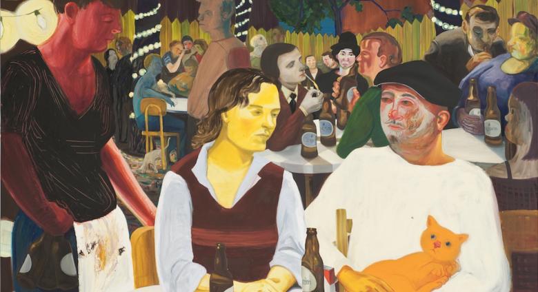 Nicole Eisenman (b. 1965, Verdun, France; lives in Brooklyn, NY), Beer Garden with Ulrike and Celeste, 2009. Oil on canvas; 65 × 82 in. (165.1 × 208.3 cm). Hall Collection. 