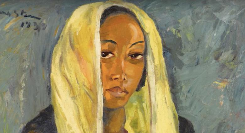 Detail of woman with head scarf, stern portrait painting