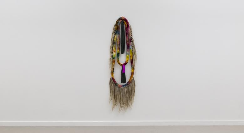 Tanya Aguiñiga, Extraño 15, 2021. Ice-dyed cotton rope, synthetic hair, flax.