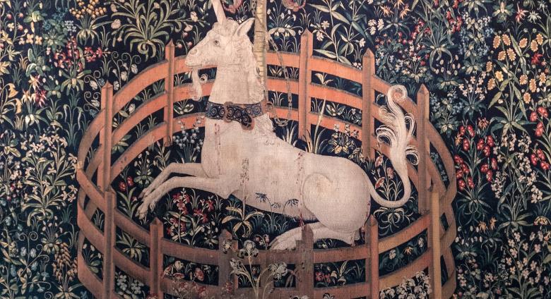 unicorn in fenced garden tapestry detail