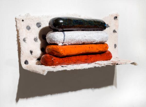 Jim Shrosbree, WORB (polka), 2017, 6.5 x 17 x 5 inches, ceramic, cloth, paint, pushpins