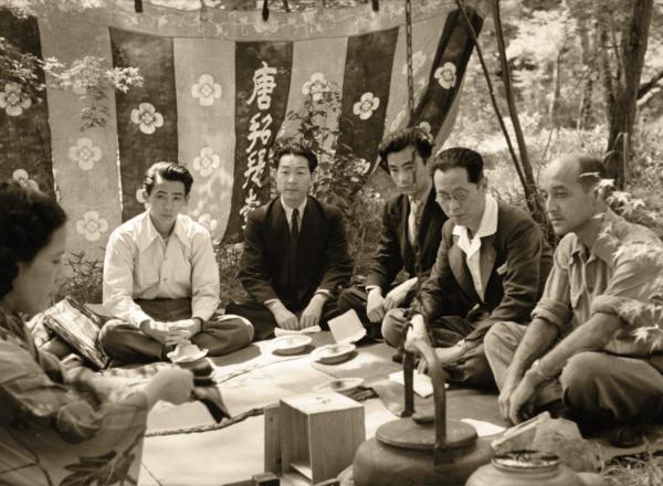 Isamu Noguchi in Nara with Saboro Hasegawa, Michio Noguchi, and other friends on his 1950 trip to Japan.