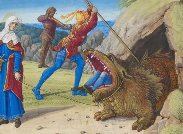 Taming the Tarasque, from Hours of Henry VIII (detail), c. 1500.