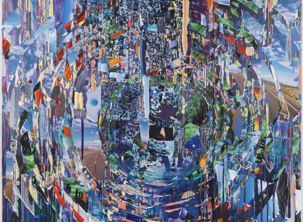 Sarah Sze abstract collaged painting in swirling blues