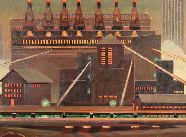 Olin Travis (1888-1975) Entrance to Chicago - Evening, 1961, oil on masonite 23.74” x 35.75"