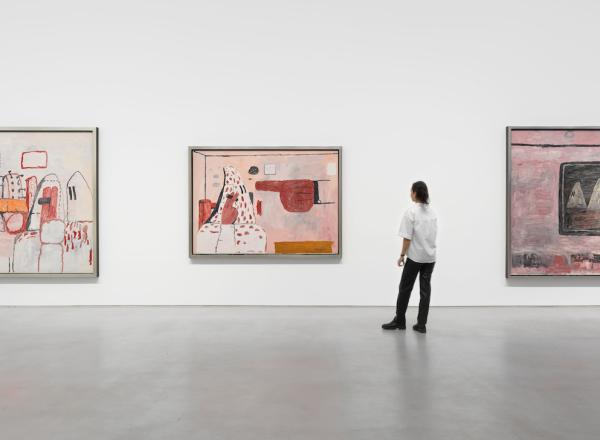 Installation view, ‘Philip Guston. 1969-1979,’ Hauser & Wirth New York, 22nd Street, 2021. Picturing: ‘A Day’s Work,’ 1970, Private Collection; ‘Scared Stiff,’ 1970, Private Collection; ‘Blackboard’ 1969, Private Collection
