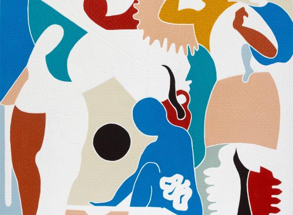 Naufus Ramírez-Figueroa, Study of the Cacaxtla Murals #3, 2024 Acrylic on carved wooden panel, 180.5 x 180 cm / 71 x 70 7/8 in. Courtesy Galerie Nordenhake, Stockholm, Berlin and Mexico City