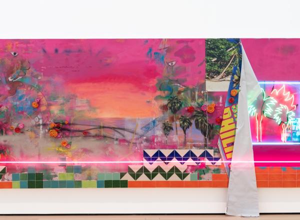 Let Us Gather in a Flourishing Way installation view. Patrick Martinez, Promised Land, 2022. Acrylic, stucco, neon, Mean Streak, ceramic, spray paint, latex house paint, banner tarp, ceramic tile, tile adhesive, and family archive photo collage on panel. 84 × 192 × 7 in. (213.4 × 487.7 × 17.8 cm). Collection Buffalo AKG Art Museum, George B. and Jenny R. Mathews Fund, 2022.