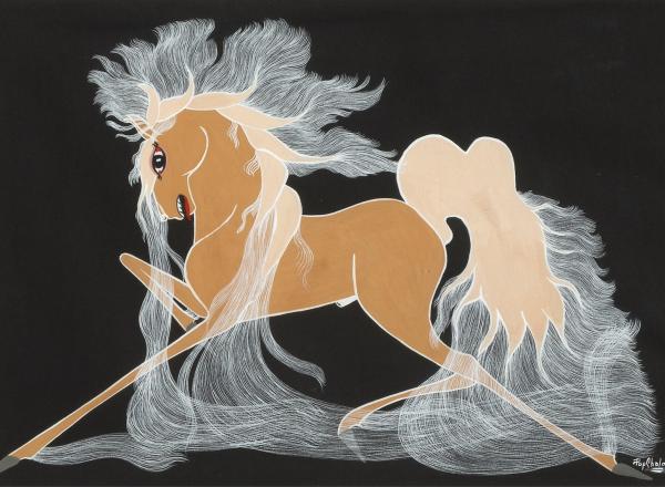 Merina [Pop Chalee] Lujan, Taos, 1906 – 1993, Yellow Horse, gouache on paper, 13 1/8 x 18 1/8 in. (33.3 x 46 cm.) Estimate: 1,000 – 2,000