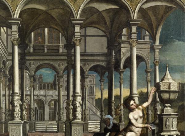 figures in painting sitting in open air courtyard. Bathsheba sits at a fountain and david sits just outside of it, right behind her.