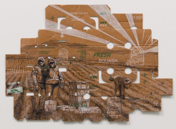 Narsiso Martinez black and white drawing of farm laborers on a used cardboard produce box