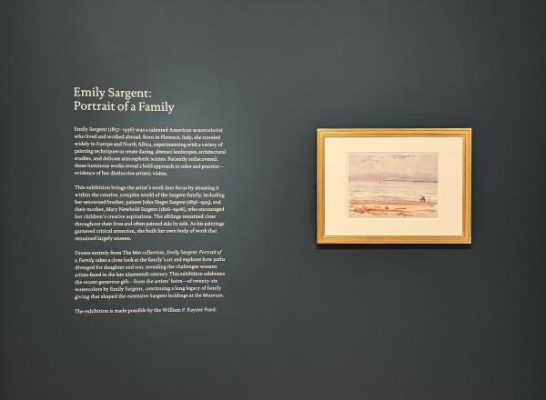 Exhibition welcome and overview of Emily Sargent: Portrait of a Family featuring Sea with Boat & Figure, Pride’s Crossing (1923) by Emily Sargent. Photo: Danielle Vander Horst