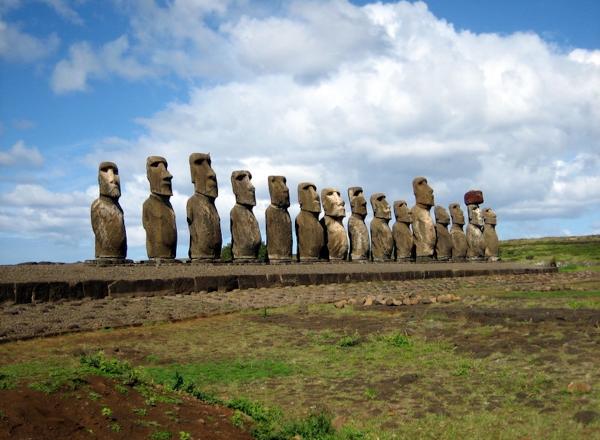 Ahu Tongariki on Easter Island. These moai were restored in the 1990's by a Japanese research team after a cyclone knocked them over in the 1960's.