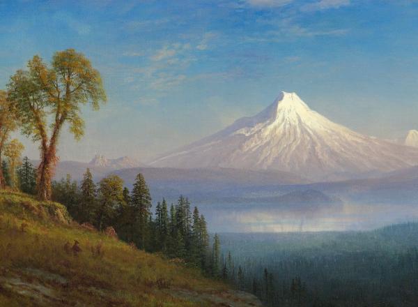 Albert Bierstadt oil landscape painting of Mount St. Helens, Columbia River, Oregon