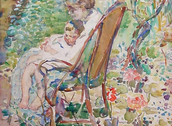 Alice Schille, Mother and Child in a Garden, France, circa 1911-12, Watercolor. Collection of Ann and Tom Hoaglin.