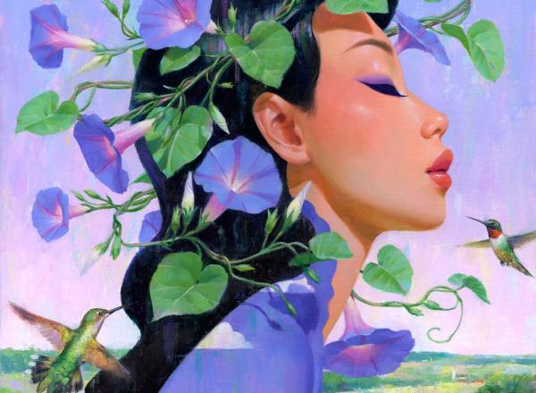 woman surrounded by petunias (morning glories) and humming birds in front of a pastoral background with a purple, morning sky. 