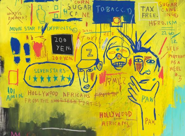 Jean-Michel Basquiat, Hollywood Africans, 1983. Acrylic and oil stick on canvas. 84 1/8 x 84 inches (213.5 x 213.4 cm). Whitney Museum of American Art, New York; gift of Douglas S. Cramer