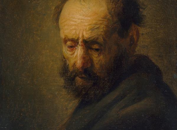 Rembrandt painting of an older white man from the chest up, with his eyes cast down
