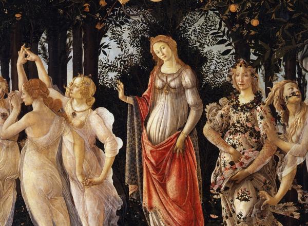 Sandro Botticelli, Primavera, or Allegory of Spring, painting of nine figures in a grove of trees
