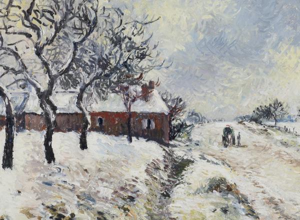 Camille Pissarro titled Route Enneigée avec Maison shows a snowfield, trees and house 