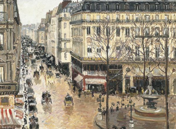 Camille Pissarro painting of a Paris street in the rain