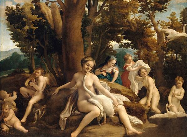 Antonio da Correggio, Leda and the Swan, 1532, oil on canvas, 156.2 × 217.5 cm (61.5 x 85.6 in). Gemäldegalerie, Berlin
