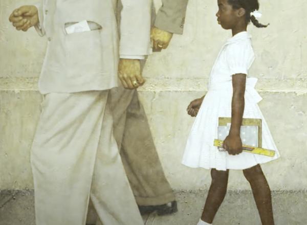 Normal Rockwell painting of black girl being walked to school by marshals while crowd throws rotten vegetables
