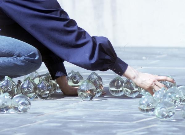 Kathleen Mulcahy installing Drops on a Landscape at Alfred University, Alfred, New York, 1973. 