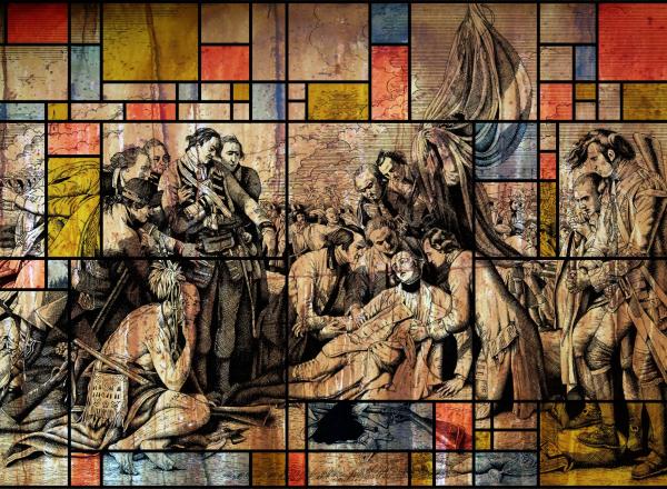 Eddy Susanto, Theosophy Arjuna, General Wolfe and Gandhi, 2016. Acrylic, pen, fluorescent ink on canvas.