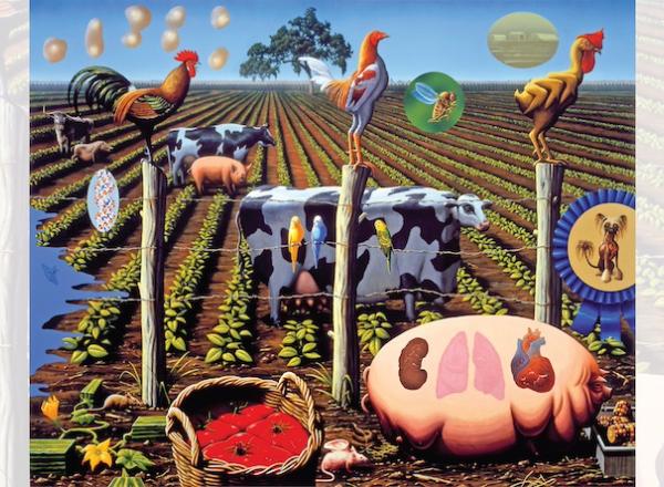 Alexis Rockman, The Farms, 2000. Oil and acrylic on wood panel, 96 x 120 inches. Collection of Joy of Giving Something, Inc., New York. Courtesy American Federation of Arts