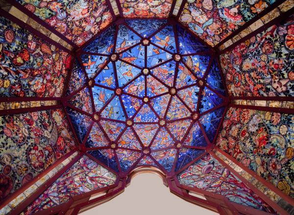 Judith Schaechter, Super/Natural (detail), 2023-2025. Stained-glass panels and wood frame, 96 x 60 x 60 inches. 