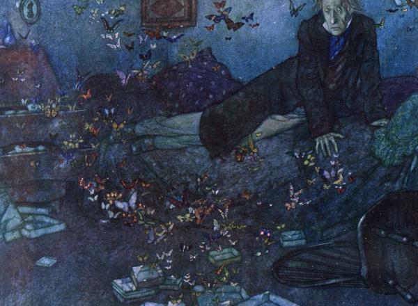 man in dark, blue, twilight room. Empty, open boxes are scattered throughout and butterflies are everywhere. 