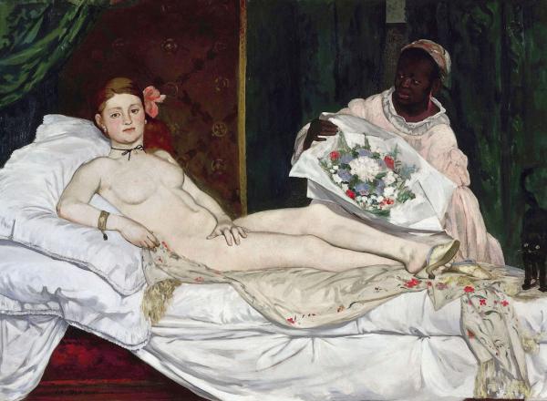 Olympia (1863). Oil on canvas, 130.5 × 190 cm (51.4 × 74.8 in). Musée d'Orsay, Paris