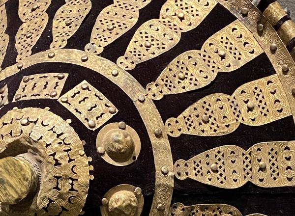 Ethiopian artist, Ethiopia, detail of Shield, 19th - 20th century. Brass, cloth, and animal hide. Collection of Drs. John and Nicole Dintenfass. Photo by Nia Bowers.
