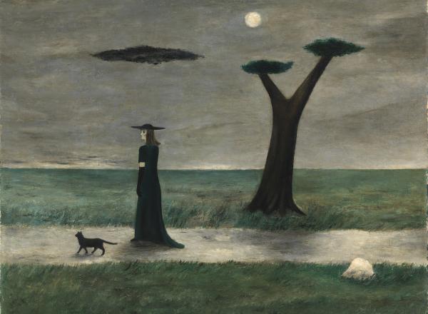 Gertrude Abercrombie surrealist painting of a woman in black walking a dog with black trees against a grey sky