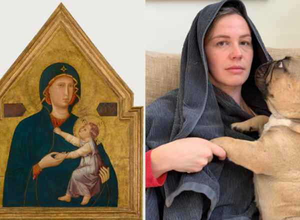 two images: a byzantine painting of the virgin mary holding the baby christ on the left, and a contemporary woman with a towel on her head holding a dog