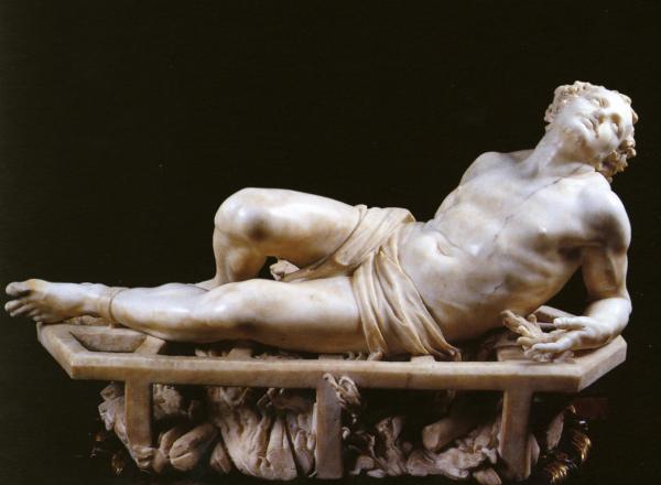Gian Lorenzo Bernini, Martyrdom of Saint Lawrence, 1617. young man looks to the sky in ecstasy, laying back sensually atop an iron grate licked by flames
