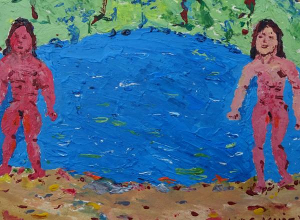 colorful Manuel Guzman painting of two nude figures beside a blue lake