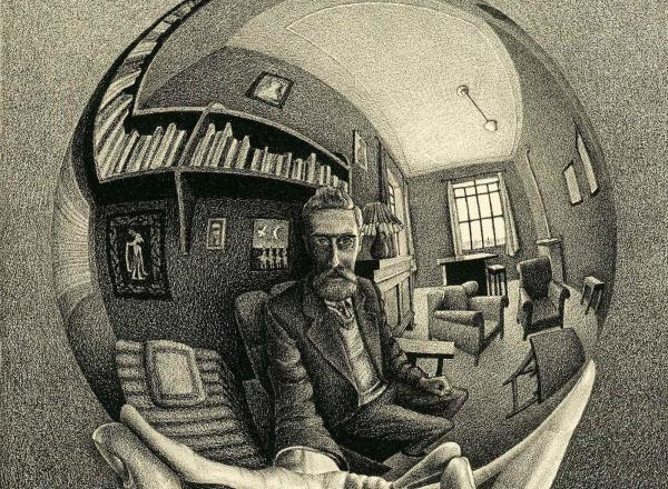 hand holds mirror ball, Escher visible in ball. 