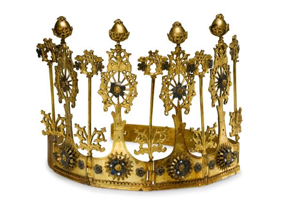 Crown, Western Europe, 15th century. Brass, brass-silver alloy, enamel, gilded.