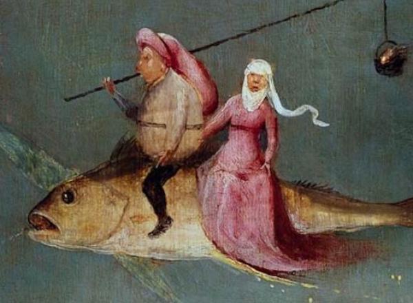 Hieronymus Bosch, detail from the right panel of The Temptation of St. Anthony, c. 1501. Oil on oak panels. 52 in × 90 in. Museu Nacional de Arte Antiga.