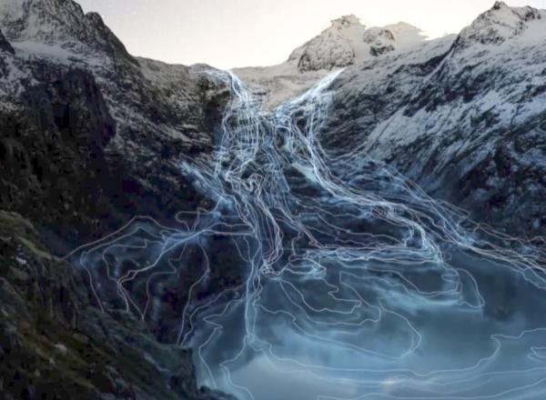 data presented in artistic way, view of mountains with blue lights